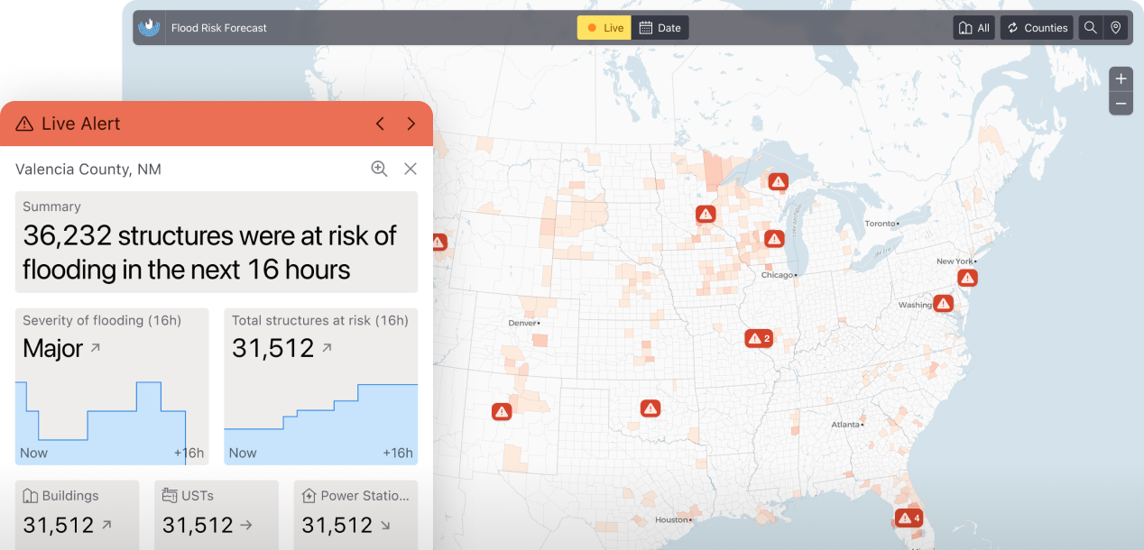 Screenshot of a web application showing flood risk in the US. A detail panel shows how many structures are at risk in the selected county, and how risk is going to change over the next 16 hours.