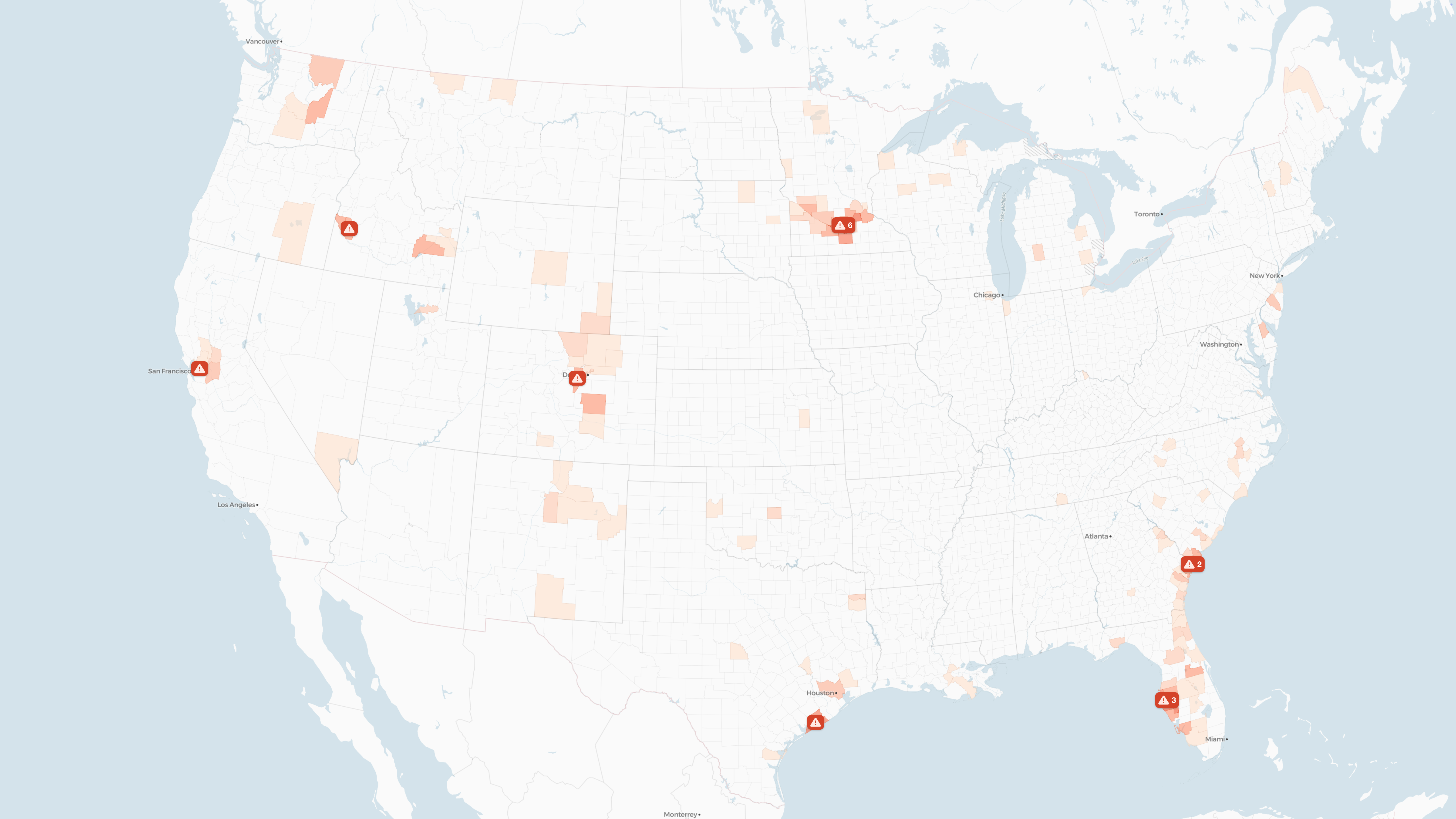 Map of the continental United States showing counties with elevated flood risk.