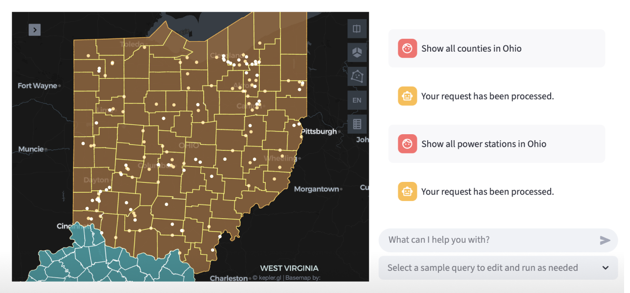 Screenshot of an AI chat interface showing the results of prompts like 'Show all power stations in Ohio'